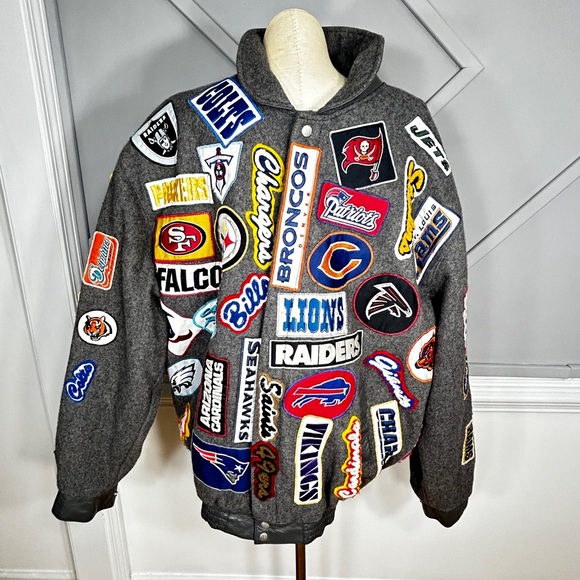 NFL Patches Leather-Trimmed Wool Jacket - Reebok-Jeff Hamilton Design Size XL - Picture 3 of 9